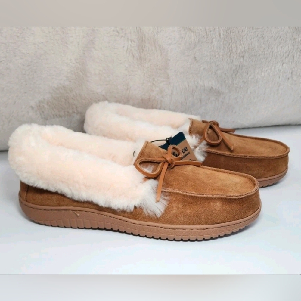 Dluxe Genuine Shearling Suede Moccasin Slippers Full Fur Flat Shoes Size 9